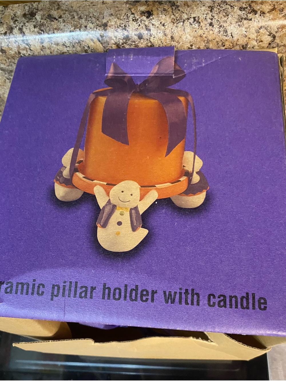 Ceramic Pillar Candle Holder with Ghost Accents - Purple